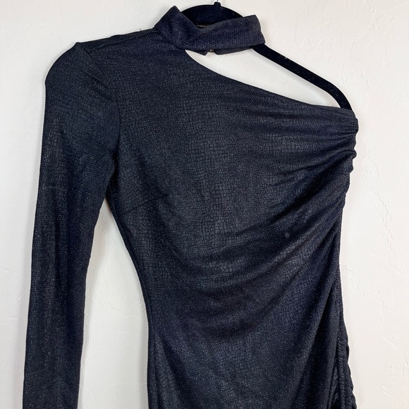 Hours x Revolve Metallic Black One Sleeve Choker Neck Bodycon Mini Dress - Picture 3 of 8